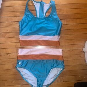 Turquoise Two-Piece Sport Bikini with Pink and Tan Bands